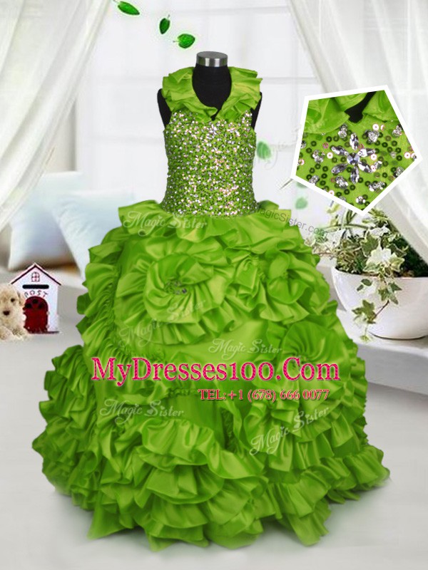 Fantastic Halter Top Floor Length Zipper Little Girls Pageant Gowns Olive Green for Party and Wedding Party with Beading and Ruffles
