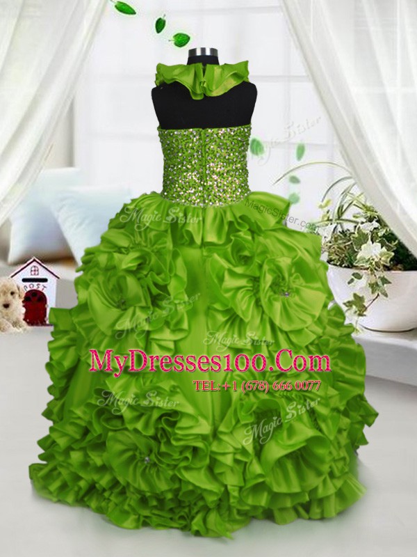 Fantastic Halter Top Floor Length Zipper Little Girls Pageant Gowns Olive Green for Party and Wedding Party with Beading and Ruffles