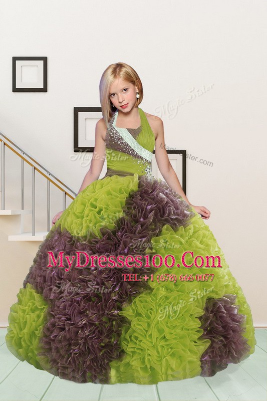 Affordable Lace Up Halter Top Beading and Ruffles Flower Girl Dresses Fabric With Rolling Flowers Sleeveless