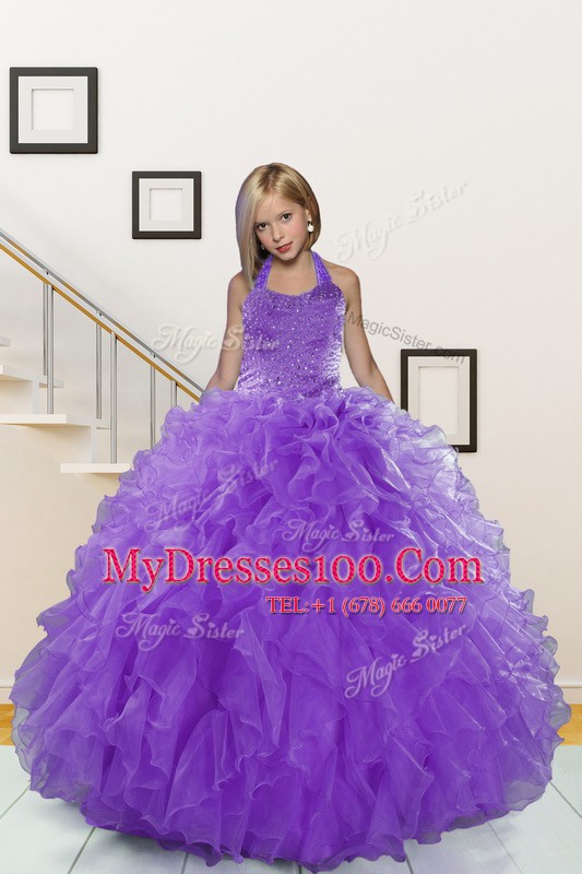 Sweet Halter Top Sleeveless Beading and Ruffles Lace Up Flower Girl Dress