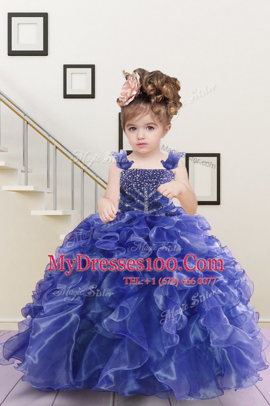 Navy Blue Pageant Gowns For Girls Military Ball and Sweet 16 and Quinceanera and For with Beading and Ruffles Straps Sleeveless Lace Up