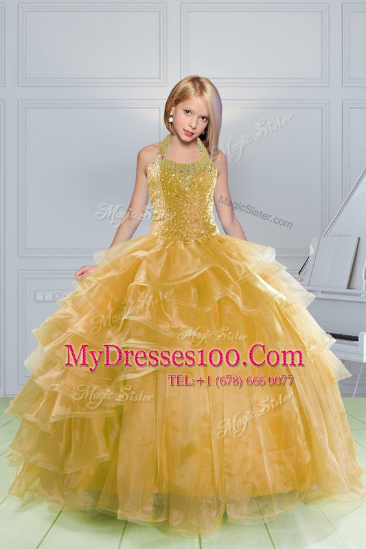 Halter Top Floor Length Lace Up Little Girls Pageant Dress Wholesale Orange for Party and Wedding Party with Beading and Ruffles
