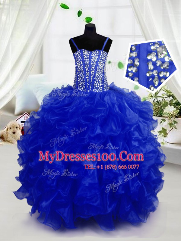 Amazing Royal Blue Ball Gowns Spaghetti Straps Sleeveless Organza Floor Length Lace Up Beading and Ruffles Flower Girl Dresses for Less