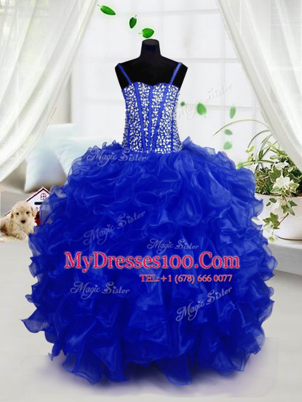 Amazing Royal Blue Ball Gowns Spaghetti Straps Sleeveless Organza Floor Length Lace Up Beading and Ruffles Flower Girl Dresses for Less