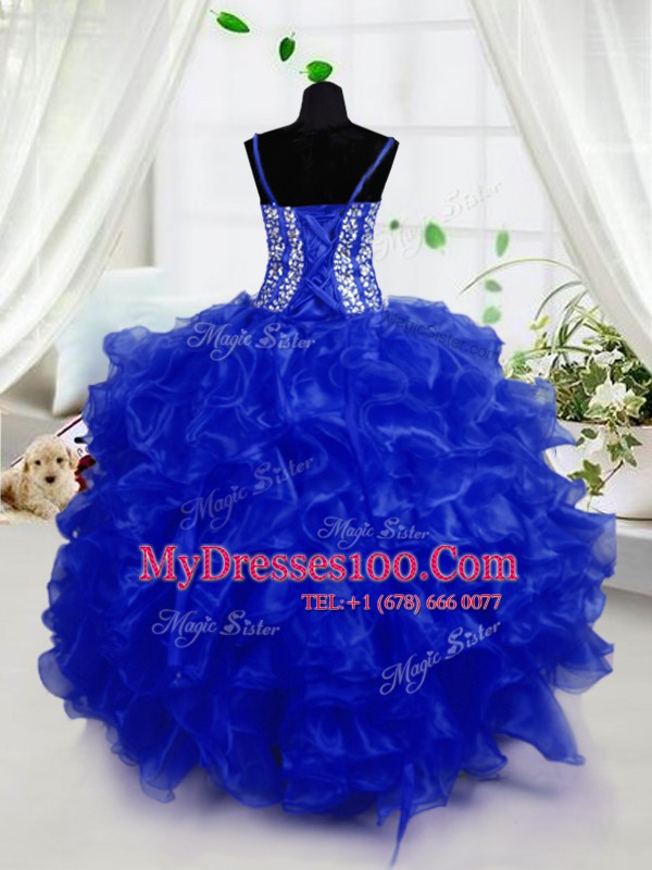 Amazing Royal Blue Ball Gowns Spaghetti Straps Sleeveless Organza Floor Length Lace Up Beading and Ruffles Flower Girl Dresses for Less