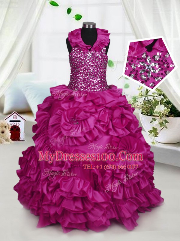 Edgy Halter Top Fuchsia Ball Gowns Beading and Ruffles Little Girl Pageant Gowns Zipper Taffeta Sleeveless Floor Length