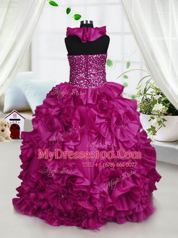 Edgy Halter Top Fuchsia Ball Gowns Beading and Ruffles Little Girl Pageant Gowns Zipper Taffeta Sleeveless Floor Length