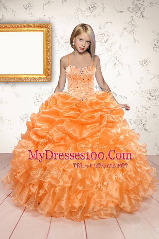 Customized Orange Spaghetti Straps Neckline Beading and Ruffles and Pick Ups Flower Girl Dress Sleeveless Lace Up