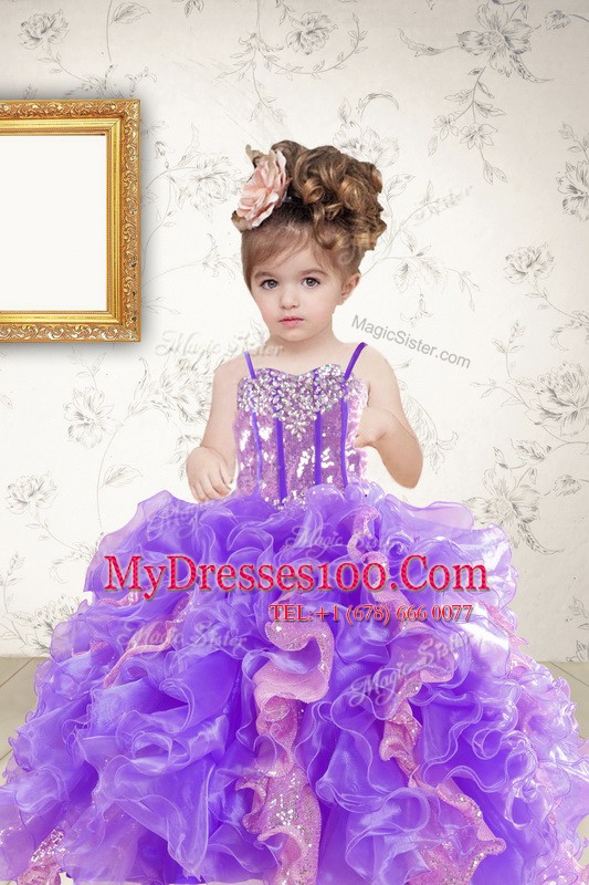Multi-color Spaghetti Straps Neckline Beading and Ruffles and Sequins Flower Girl Dresses for Less Sleeveless Lace Up