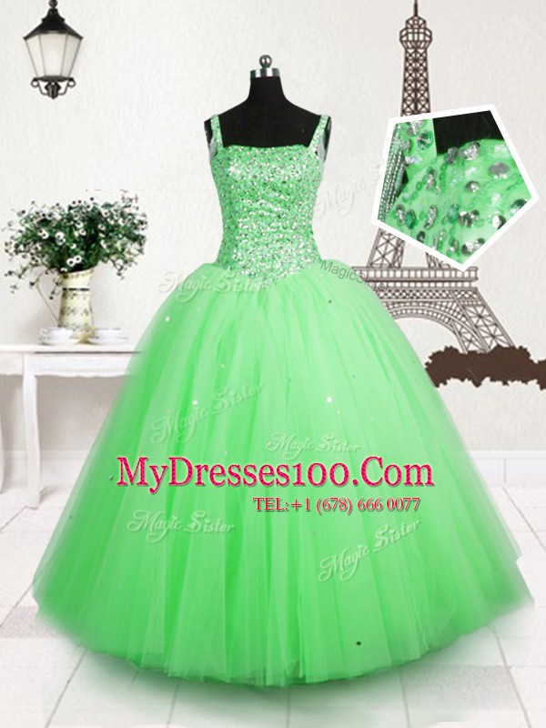 Floor Length Apple Green Little Girl Pageant Dress Tulle Sleeveless Beading and Sequins