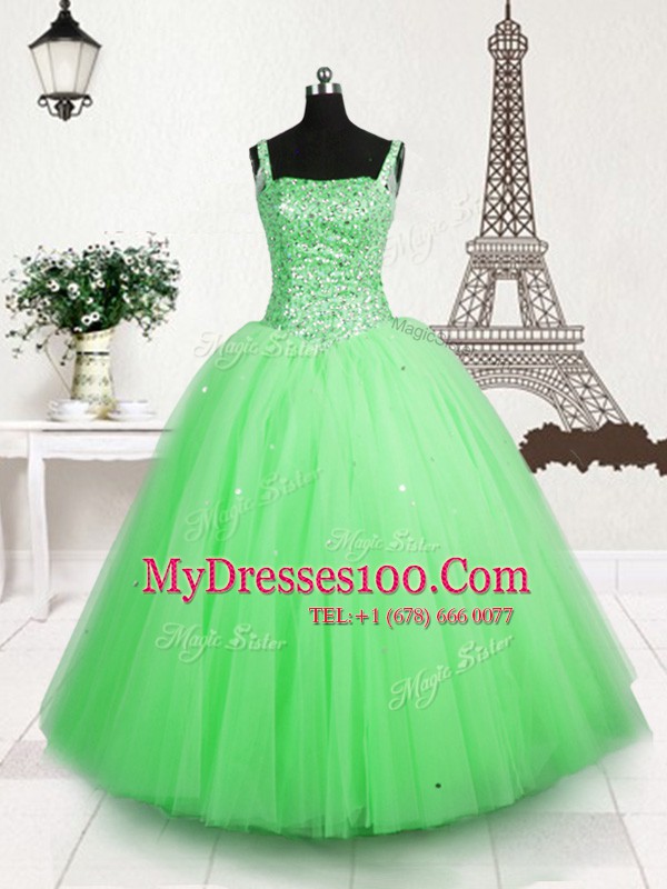 Floor Length Apple Green Little Girl Pageant Dress Tulle Sleeveless Beading and Sequins