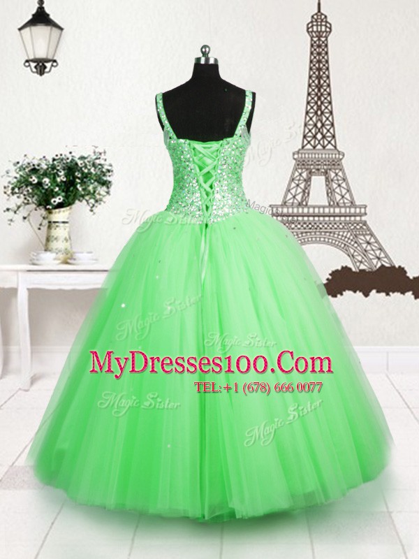 Floor Length Apple Green Little Girl Pageant Dress Tulle Sleeveless Beading and Sequins