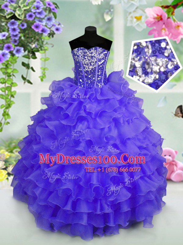 Delicate Sleeveless Floor Length Ruffled Layers and Sequins Lace Up Little Girls Pageant Dress Wholesale with Blue