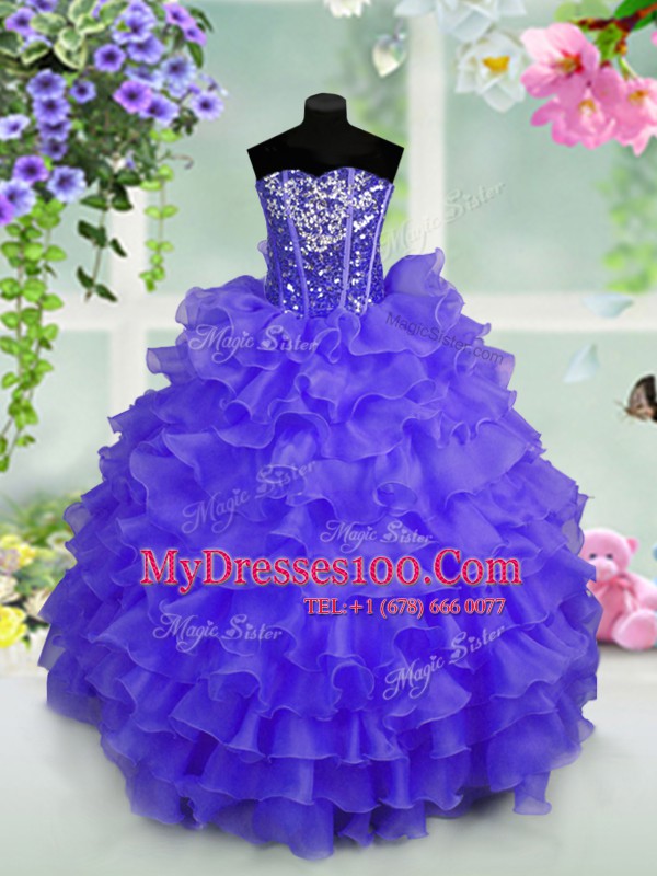 Delicate Sleeveless Floor Length Ruffled Layers and Sequins Lace Up Little Girls Pageant Dress Wholesale with Blue