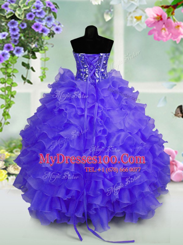Delicate Sleeveless Floor Length Ruffled Layers and Sequins Lace Up Little Girls Pageant Dress Wholesale with Blue