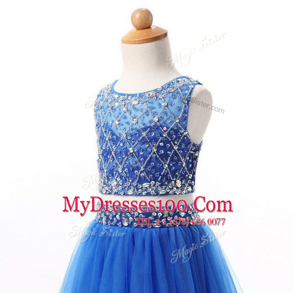 Custom Designed Scoop Floor Length Blue Flower Girl Dress Organza Sleeveless Beading