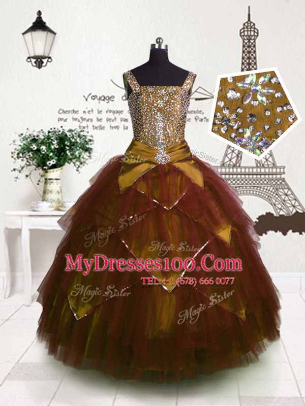 Wonderful Straps Sleeveless Tulle Little Girl Pageant Gowns Beading and Belt Lace Up