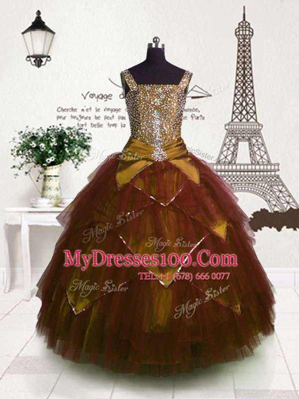 Wonderful Straps Sleeveless Tulle Little Girl Pageant Gowns Beading and Belt Lace Up