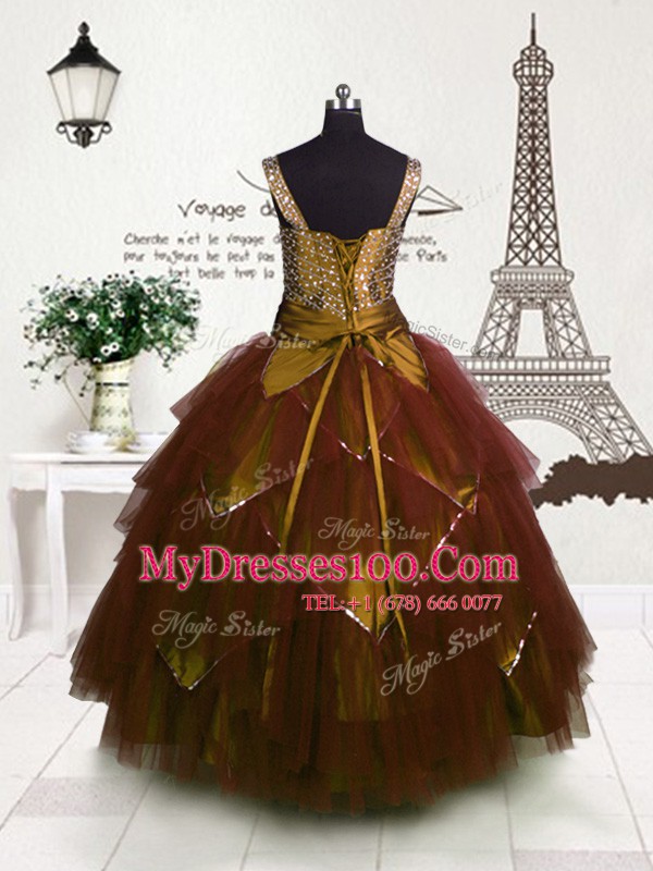 Wonderful Straps Sleeveless Tulle Little Girl Pageant Gowns Beading and Belt Lace Up