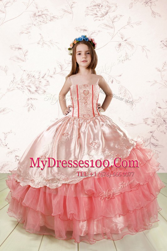 Glittering Baby Pink Spaghetti Straps Neckline Embroidery and Ruffled Layers Flower Girl Dress Sleeveless Lace Up