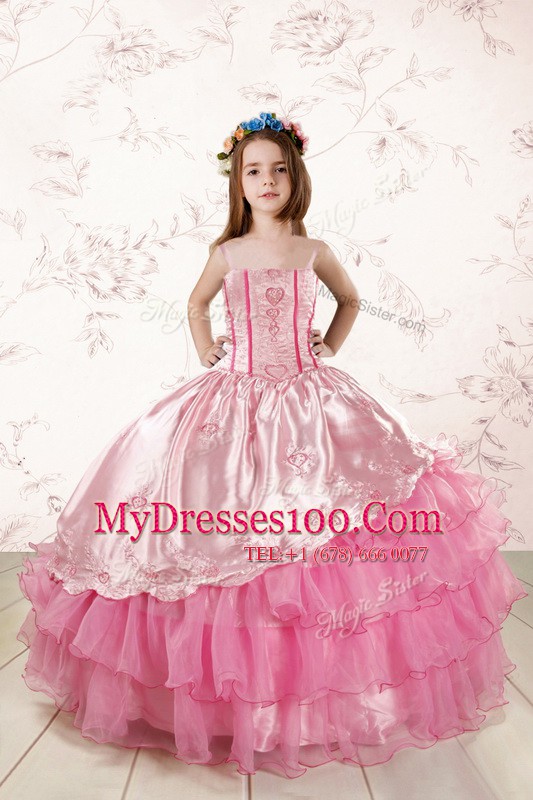 Extravagant Rose Pink Lace Up Spaghetti Straps Embroidery and Ruffled Layers Little Girls Pageant Gowns Organza Sleeveless