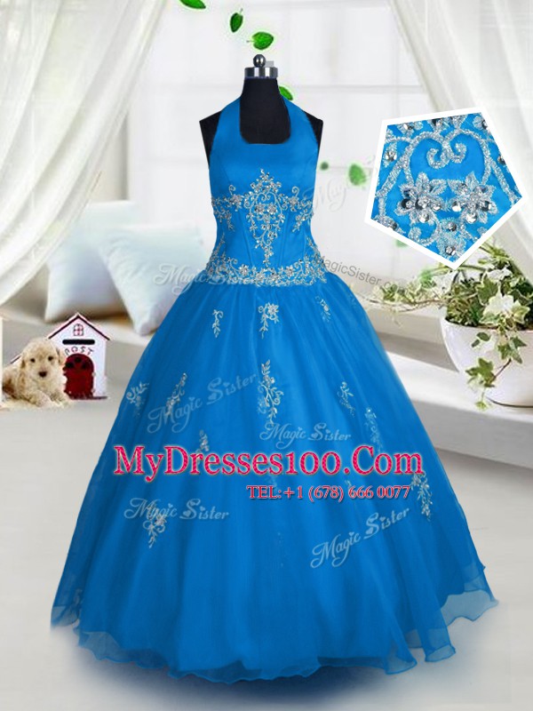 Aqua Blue Lace Up Halter Top Appliques Little Girl Pageant Gowns Tulle Sleeveless