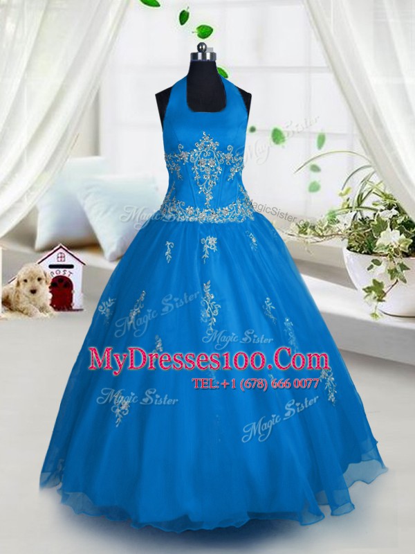Aqua Blue Lace Up Halter Top Appliques Little Girl Pageant Gowns Tulle Sleeveless