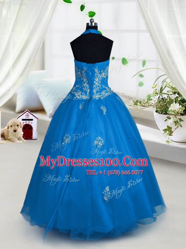 Aqua Blue Lace Up Halter Top Appliques Little Girl Pageant Gowns Tulle Sleeveless