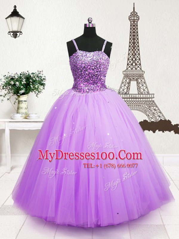 Lavender Tulle Zipper Spaghetti Straps Sleeveless Floor Length Little Girl Pageant Gowns Beading and Sequins
