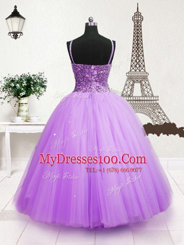 Lavender Tulle Zipper Spaghetti Straps Sleeveless Floor Length Little Girl Pageant Gowns Beading and Sequins