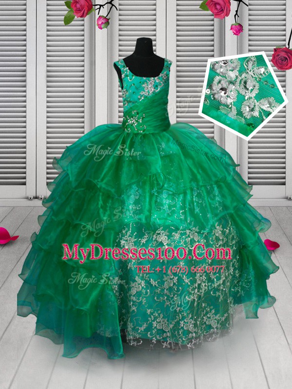 Elegant Sleeveless Floor Length Appliques and Ruffled Layers Lace Up Flower Girl Dresses with Green