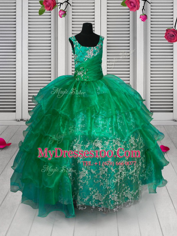 Elegant Sleeveless Floor Length Appliques and Ruffled Layers Lace Up Flower Girl Dresses with Green