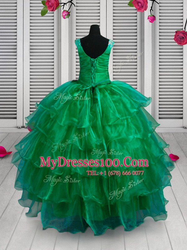 Elegant Sleeveless Floor Length Appliques and Ruffled Layers Lace Up Flower Girl Dresses with Green