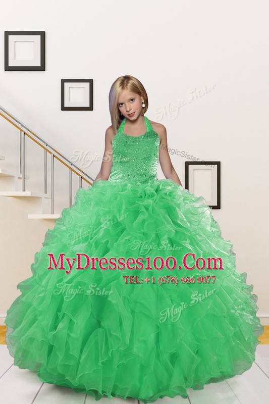 Nice Halter Top Sleeveless Lace Up Floor Length Beading and Ruffles Little Girls Pageant Dress