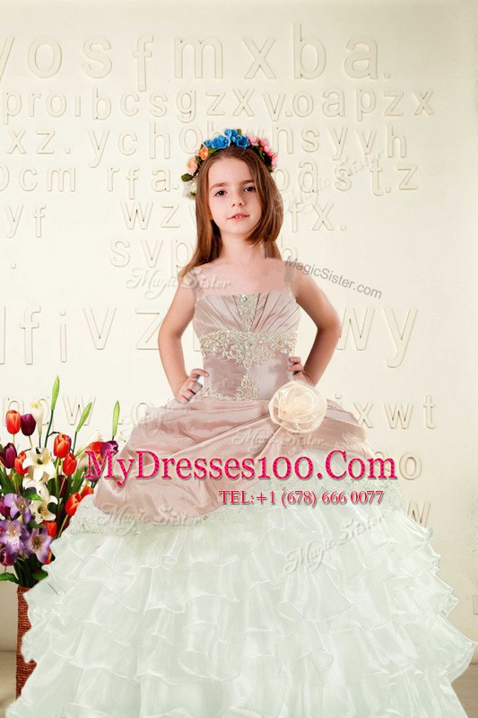 Chic Organza Straps Sleeveless Lace Up Beading and Ruffled Layers and Hand Made Flower Flower Girl Dresses for Less in Peach