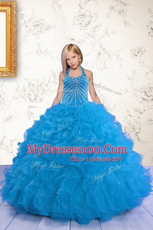 Mermaid Halter Top Organza Sleeveless Floor Length Toddler Flower Girl Dress and Beading and Ruffles