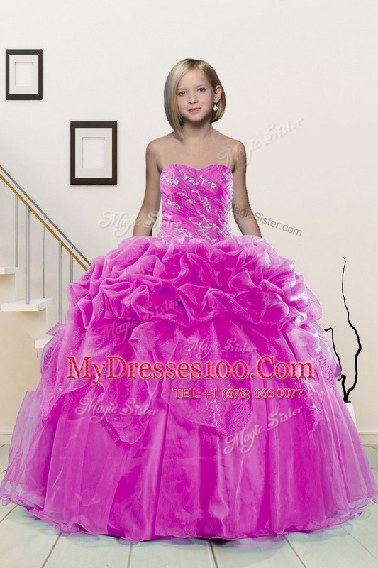 Great Fuchsia Organza Lace Up Toddler Flower Girl Dress Sleeveless Floor Length Beading and Pick Ups