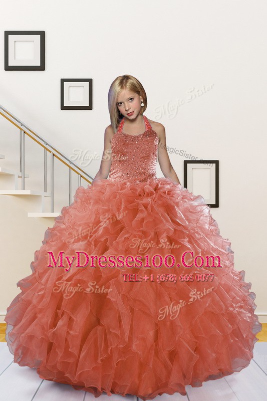 Watermelon Red Ball Gowns Organza Halter Top Sleeveless Beading and Ruffles Floor Length Lace Up Little Girl Pageant Dress