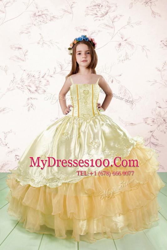 Orange Lace Up Flower Girl Dress Embroidery and Ruffled Layers Sleeveless Floor Length