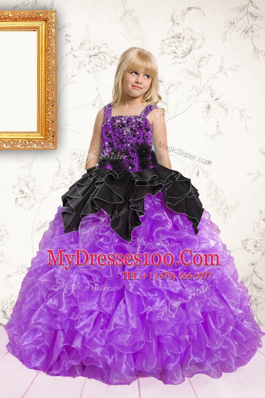 High Quality Sleeveless Floor Length Beading and Ruffles Lace Up Little Girls Pageant Dress Wholesale with Black and Purple