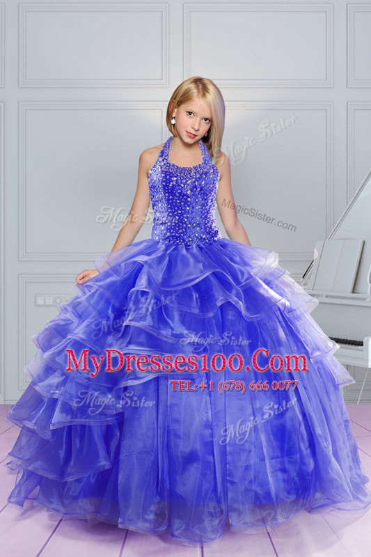 Blue Little Girl Pageant Dress Party and Wedding Party and For with Beading and Ruffles Halter Top Sleeveless Lace Up