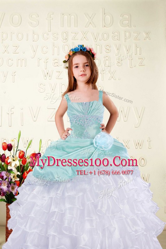 Unique Ruffled Ball Gowns Kids Pageant Dress Aqua Blue Straps Organza Sleeveless Floor Length Lace Up