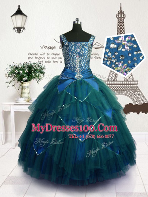 New Arrival Floor Length Lace Up Flower Girl Dresses Teal for Party and Wedding Party with Beading and Belt