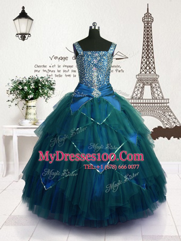 New Arrival Floor Length Lace Up Flower Girl Dresses Teal for Party and Wedding Party with Beading and Belt