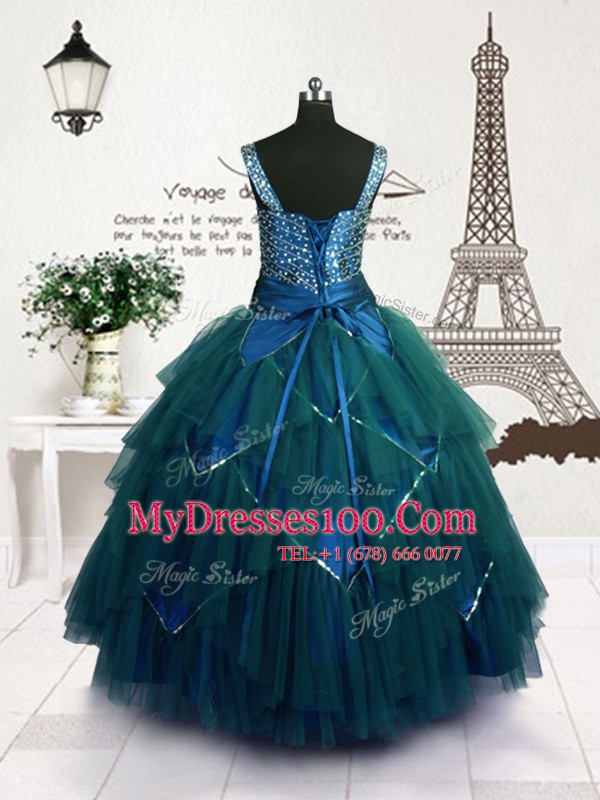 New Arrival Floor Length Lace Up Flower Girl Dresses Teal for Party and Wedding Party with Beading and Belt