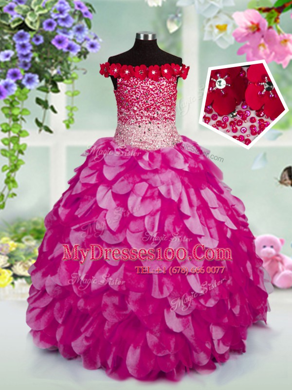 Off the Shoulder Sleeveless Beading and Hand Made Flower Lace Up Pageant Gowns For Girls