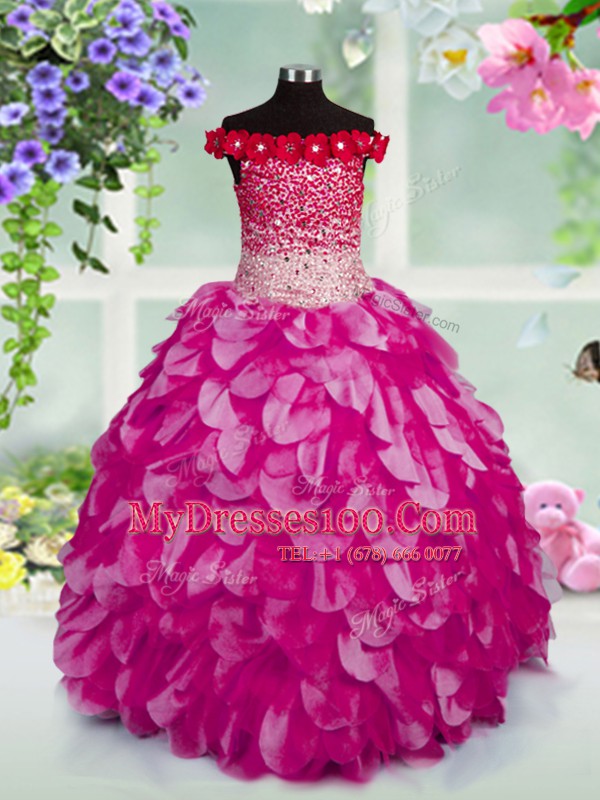 Off the Shoulder Sleeveless Beading and Hand Made Flower Lace Up Pageant Gowns For Girls