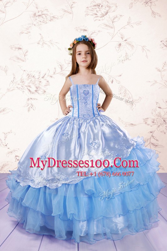 Deluxe Sleeveless Lace Up Floor Length Embroidery and Ruffled Layers Pageant Gowns For Girls