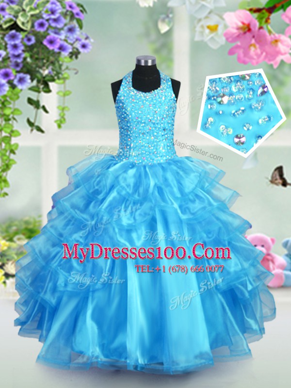 Halter Top Ruffled Aqua Blue Sleeveless Organza Lace Up Flower Girl Dresses for Party and Quinceanera and Wedding Party