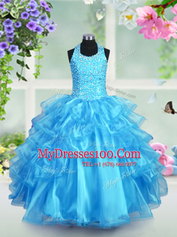 Halter Top Ruffled Aqua Blue Sleeveless Organza Lace Up Flower Girl Dresses for Party and Quinceanera and Wedding Party